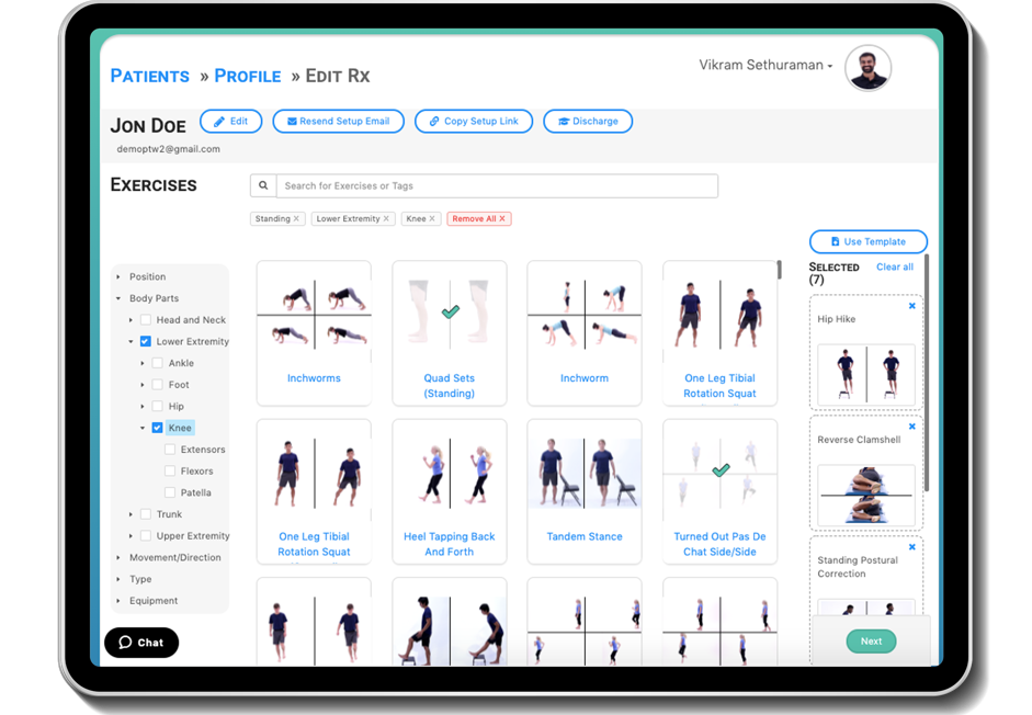 Physical Therapy App Exercise Selection Screen on Tablet