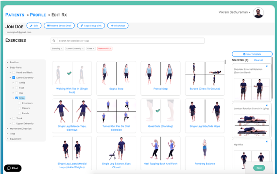 Home Exercise Program Selection Screen for Physical Therapist